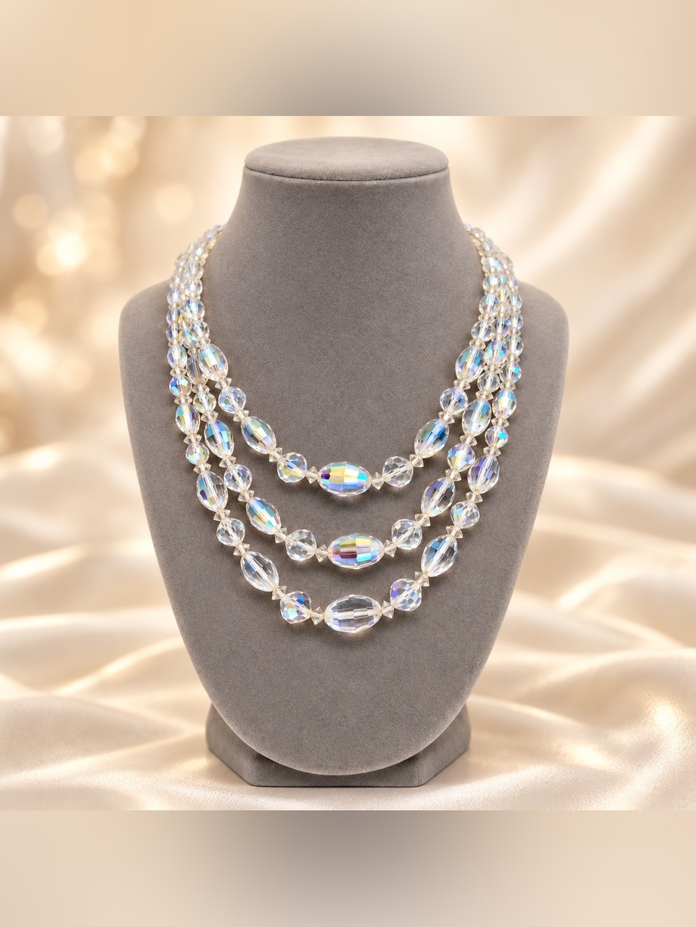 LAGUNA signed rare 3-Strand Aurora Borealis Crystal Necklace Mid-Century